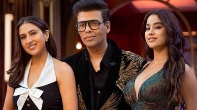 Karan Johar with Sara Ali Khan and Janhvi Kapoor on Koffee With Karan. Karan Johar with Sara Ali Khan and Janhvi Kapoor on Koffee With Karan. 