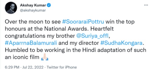 Akshay Kumar's tweet.