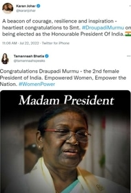 Karan Johar and Tamannaah Bhatia also praised Droupadi Murmu. Karan Johar and Tamannaah Bhatia also praised Droupadi Murmu. 