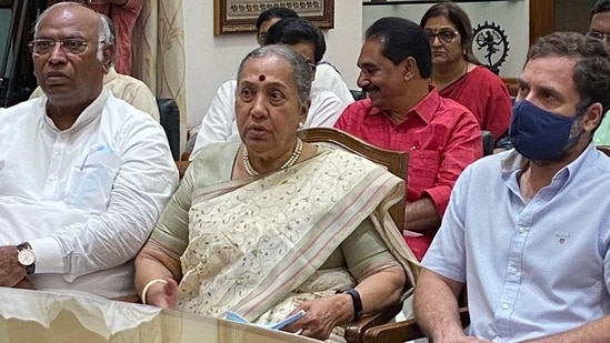 Opposition's Vice-Presidential candidate Margaret Alva files her nomination papers at Parliament, in the presence of Congress leaders Rahul Gandhi, Mallikarjun Kharge and other Opposition leaders, in New Delhi. (ANI)