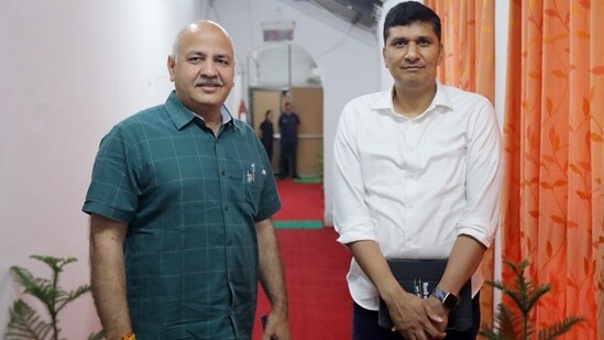 Delhi deputy chief minister Manish Sisodia with AAP MLA Saurabh Bharadwaj. (ANI file)