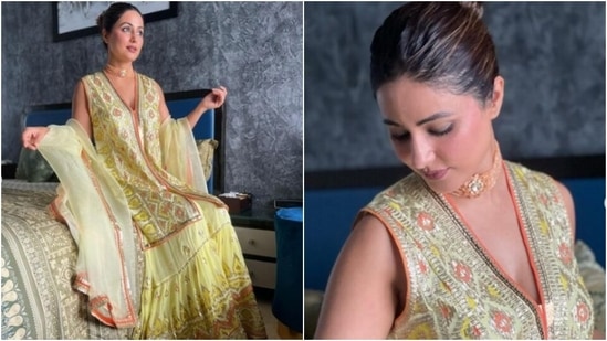 Hina Khan is in the mood for festive fashion. The actor, who is an absolute fashionista, keeps sharing snippets from her fashion diaries on her Instagram profile on a regular basis. From ethnic ensembles to casual co-ord sets, Hina’s fashion diaries keep getting better by the day. A day back, Hina chose to give us festive vibes in a stunning yellow ethnic ensemble as she posed for the indoor photoshoot. Take a look at her pictures here.(Instagram/@realhinakhan)