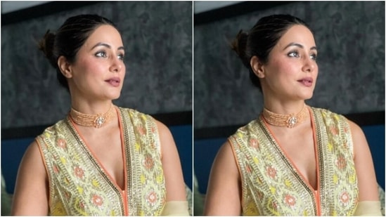 Hina minimally accessorised her look for the day in an ochre neck choker that came embedded with a statement white stone.(Instagram/@realhinakhan)
