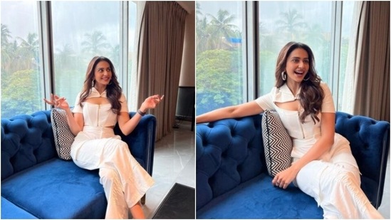 Rakul Preet’s version of candid and ‘I see food’ pose in a white co-ord set(Instagram/@rakulpreet)