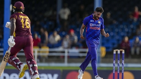 India's Mohammed Siraj celebrates after bowling the last ball against West Indies in the first ODI (AP)