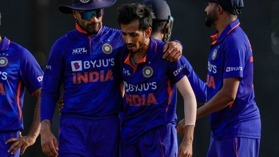 India's captain Shikhar Dhawan embraces Yuzvendra Chahal&nbsp;during the first ODI against West Indies(AP)