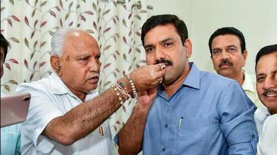 Former Karnataka chief minister, BS Yediyurappa, on Friday announced that his second son, BY Vijayendra, will contest from his bastion of Shikaripura in Shivamogga district in 2023 assembly polls. (HT FILE PHOTO.)