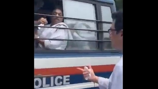 Screengrab of the video shared by BJP leaders claiming that Congress leader Dr Ajoy Kumar showed ‘middle finger’ after pleading to be detained along with his colleagues.&nbsp;