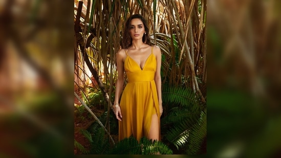 Manushi Chhillar's dress features thin spaghetti straps with a plunging neckline and a slit that goes up to the thighs.(Instagram/@manushichhillar)