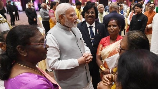 Droupadi Murmu, set to be India's first tribal woman president, will take oath on July 25.(Twitter/@narendramodi)