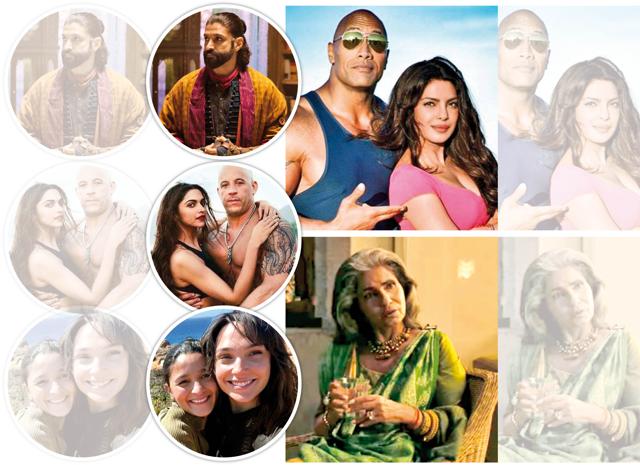 (Clockwise from top) Farhan Akhtar in Miss Marvel; Priyanka Chopra and The Rock in Baywatch; Dimple Kapadia in Tenet; Alia Bhatt and Gal Gadot on the set of Heart of Stone; and Deepika Padukone and Vin Diesel in xXx: The Return of Xander Cage (Clockwise from top) Farhan Akhtar in Miss Marvel; Priyanka Chopra and The Rock in Baywatch; Dimple Kapadia in Tenet; Alia Bhatt and Gal Gadot on the set of Heart of Stone; and Deepika Padukone and Vin Diesel in xXx: The Return of Xander Cage