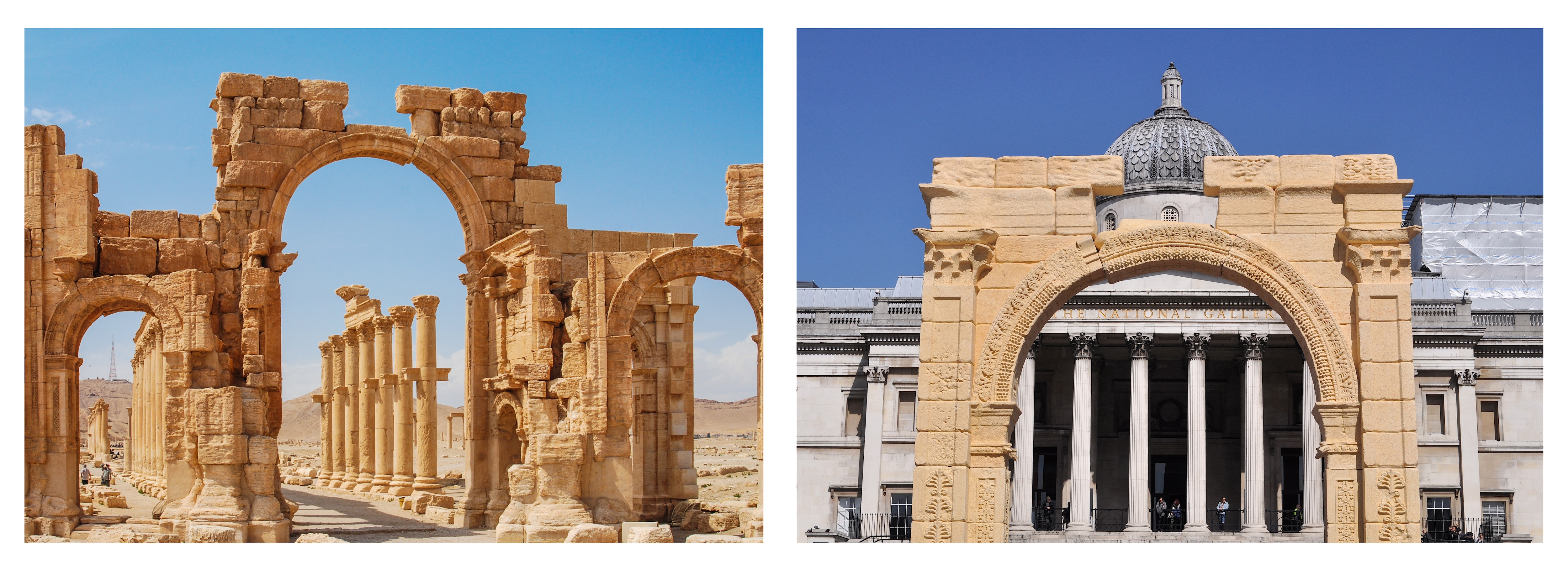 A 3D printed replica of the Arch of Palmyra at London’s Trafalgar Square in 2016 (right). The original 2,000 year-old structure (left) was destroyed by ISIS in 2015. (Shutterstock) A 3D printed replica of the Arch of Palmyra at London’s Trafalgar Square in 2016 (right). The original 2,000 year-old structure (left) was destroyed by ISIS in 2015. (Shutterstock)