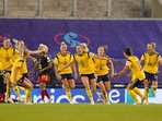 Sweden's Linda Sembrant, center, celebrates after scoring her side's first goal during the Women Euro 2022 quarter final soccer(AP) Sweden's Linda Sembrant, center, celebrates after scoring her side's first goal during the Women Euro 2022 quarter final soccer(AP)
