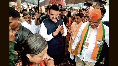Maharashtra Deputy Chief Minister Devendra Fadnavis with Chandrakant Patil during BJP State Executive meeting at Vasudev Balwant Phadke Auditorium, Panvel, in Navi Mumbai, India, on Saturday, July 23, 2022. (Bachchan Kumar/ HT PHOTO) Maharashtra Deputy Chief Minister Devendra Fadnavis with Chandrakant Patil during BJP State Executive meeting at Vasudev Balwant Phadke Auditorium, Panvel, in Navi Mumbai, India, on Saturday, July 23, 2022. (Bachchan Kumar/ HT PHOTO)