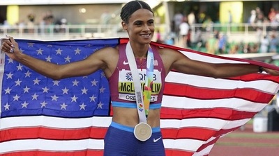 Sydney McLaughlin, of the United States, celebrates after winning the women's 400 hurdles at the World Athletics Championships. (AP) Sydney McLaughlin, of the United States, celebrates after winning the women's 400 hurdles at the World Athletics Championships. (AP)