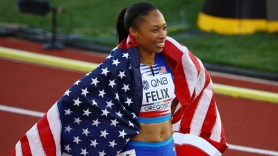Allyson Felix of the U.S. celebrates after the Mixed 4x400 Metres Relay. (REUTERS)