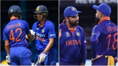 Shikhar Dhawan with Shubman Gill; Rohit Sharma with Virat Kohli (AP) Shikhar Dhawan with Shubman Gill; Rohit Sharma with Virat Kohli (AP)