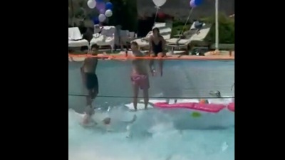 Screengrab of the scene where a sinkhole formed at the bottom of a swimming pool. (Twitter)