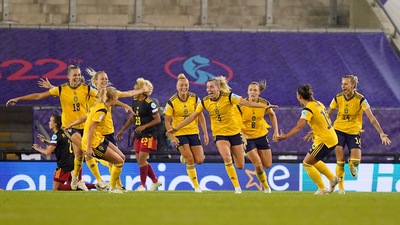 Sweden's Linda Sembrant, center, celebrates after scoring her side's first goal during the Women Euro 2022 quarter final soccer (AP) Sweden's Linda Sembrant, center, celebrates after scoring her side's first goal during the Women Euro 2022 quarter final soccer (AP)