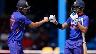 India's captain Shikhar Dhawan, right, and Shubman Gill knock to celebrate a fifty runs partnership against West Indies (AP) India's captain Shikhar Dhawan, right, and Shubman Gill knock to celebrate a fifty runs partnership against West Indies (AP)