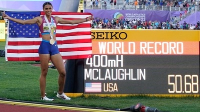 Gold medalist Sydney McLaughlin celebrates after winning the women's 400 hurdles at the World Athletics Championships (AP) Gold medalist Sydney McLaughlin celebrates after winning the women's 400 hurdles at the World Athletics Championships (AP)