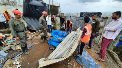 The spot where the 75,000-litre capacity water tank burst in Wagale Estate, Thane, on Saturday morning. (PRAFUL GANGURDE/HT PHOTO)
