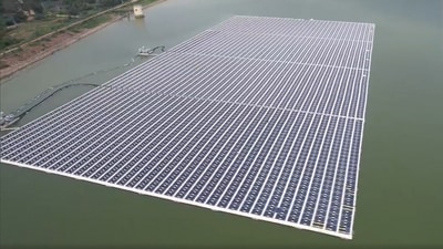Floating solar power plant commissioned by Greater Visakhapatnam Municipal Corporation at Meghadri Gedda reservoir. (via ANI)