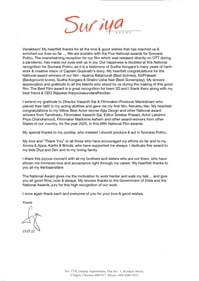 Suriya pens a note after winning National Award for the male category.