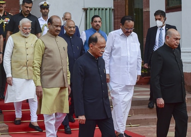 Outgoing President Ram Nath Kovind, Vice President Venkaiah Naidu, Prime Minister Narendra Modi, Lok Sabha Speaker Om Birla and others arrive in a ceremonial procession to attend the farewell function of the outgoing president, at Parliament House Complex in New Delhi, (PTI) Outgoing President Ram Nath Kovind, Vice President Venkaiah Naidu, Prime Minister Narendra Modi, Lok Sabha Speaker Om Birla and others arrive in a ceremonial procession to attend the farewell function of the outgoing president, at Parliament House Complex in New Delhi, (PTI)