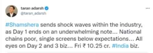Taran Adarsh's tweet about Shamshera's box office collections.