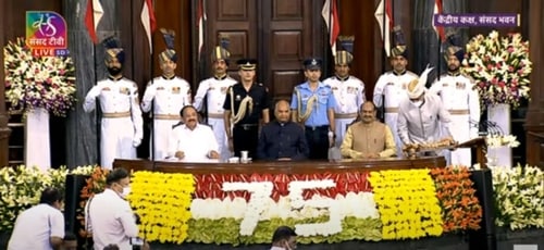 Vice President M Venkaiah Naidu, Ram Nath Kovind and Lok Sabha speaker Om Birla during the farewell ceremony. (ANI via Sansad TV) Vice President M Venkaiah Naidu, Ram Nath Kovind and Lok Sabha speaker Om Birla during the farewell ceremony. (ANI via Sansad TV)