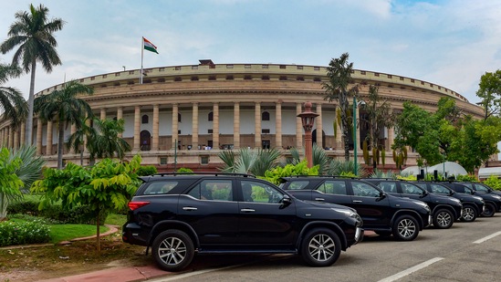 SPG vehicles parked inside the Parliament House complex, during the farewell function of outgoing President Ram Nath Kovind, in New Delhi.(PTI)