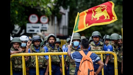 A demonstrator waves a Sri Lankan flag, Colombo, July 22, 2022 (AFP)