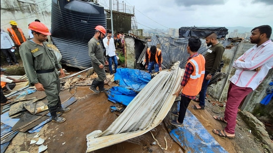 The spot where the 75,000-litre capacity water tank burst in Wagale Estate, Thane, on Saturday morning. (PRAFUL GANGURDE/HT PHOTO)