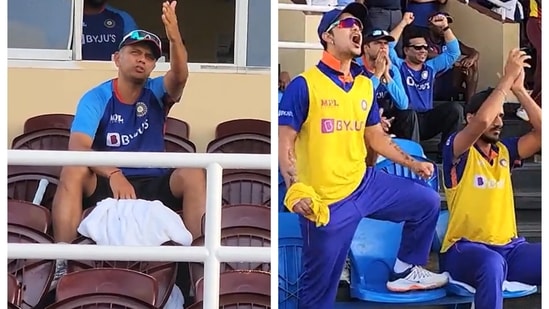 Rahul Dravid and Ishan Kishan react in the dugout