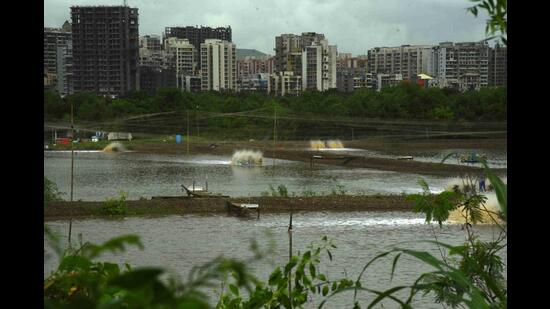 The wetlands of Kharghar Sector 16 covered with nets so as to prevent birds from entering the area and feeding. (BACHCHAN KUMAR/HT PHOTO) The wetlands of Kharghar Sector 16 covered with nets so as to prevent birds from entering the area and feeding. (BACHCHAN KUMAR/HT PHOTO)