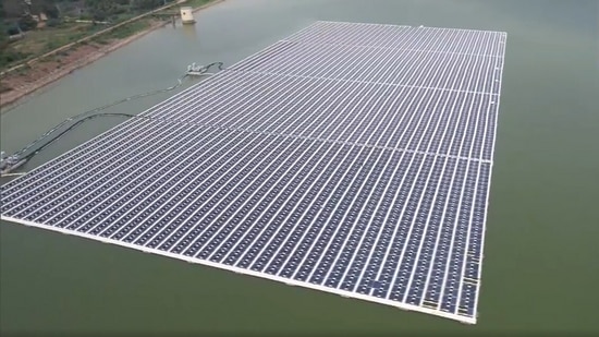 Floating solar power plant commissioned by Greater Visakhapatnam Municipal Corporation at Meghadri Gedda reservoir.(via ANI)