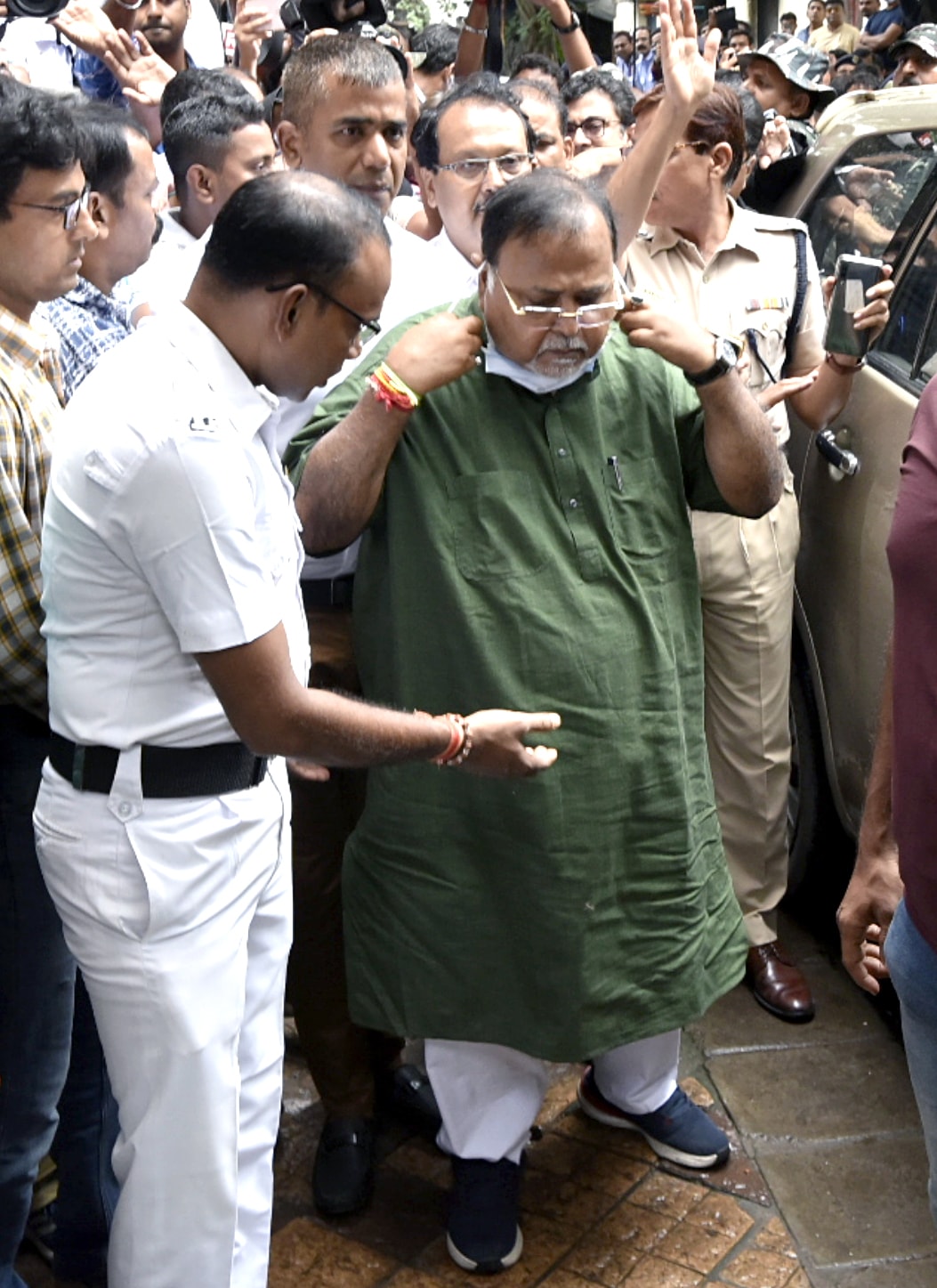 West Bengal minister Partha Chatterjee being produced before the Bankshall Court in Kolkata on Saturday. (ANI Photo) (Saikat Paul) West Bengal minister Partha Chatterjee being produced before the Bankshall Court in Kolkata on Saturday. (ANI Photo) (Saikat Paul)