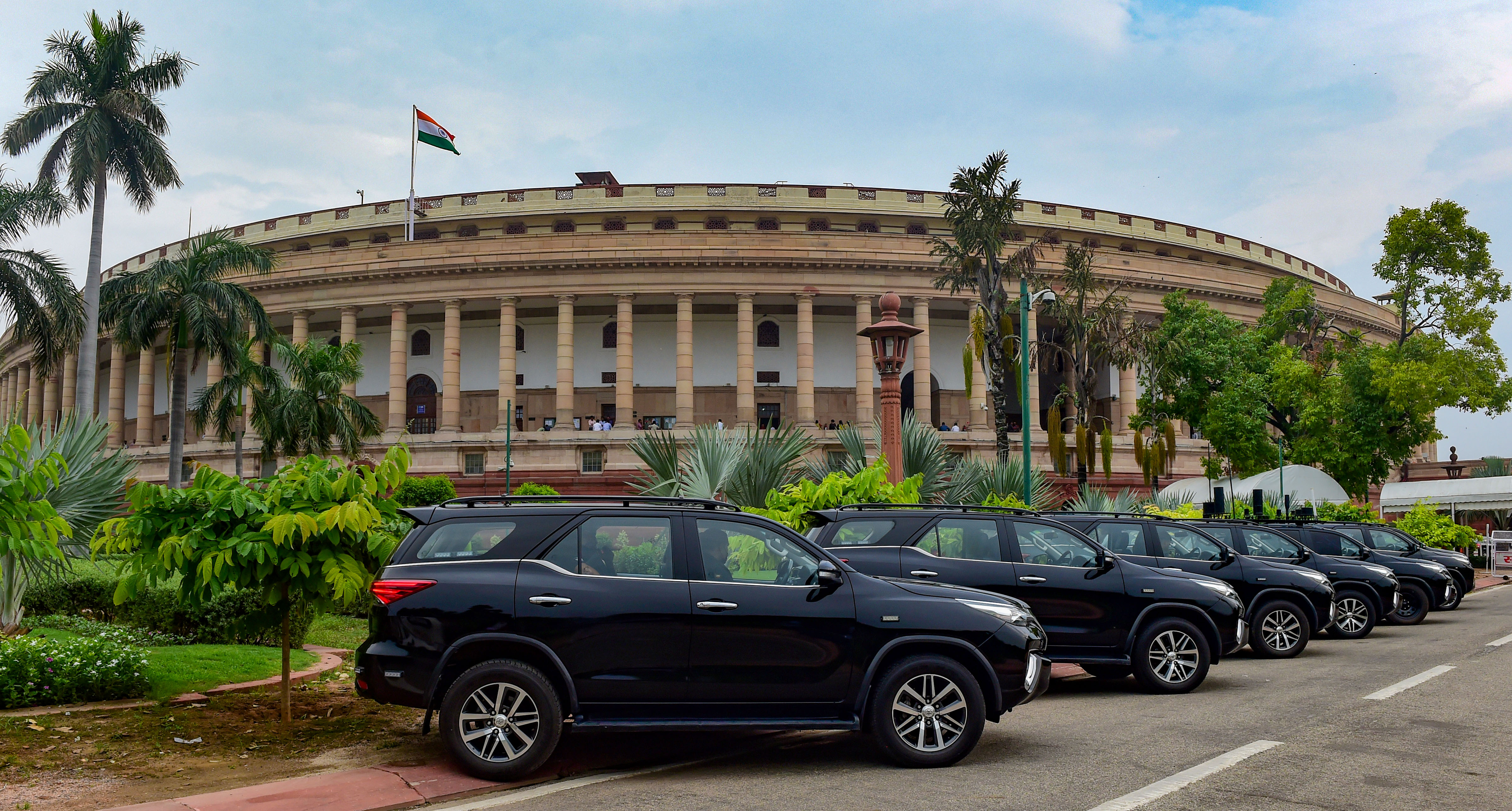 SPG vehicles parked inside the Parliament House complex, during the farewell function of outgoing President Ram Nath Kovind, in New Delhi. (PTI) SPG vehicles parked inside the Parliament House complex, during the farewell function of outgoing President Ram Nath Kovind, in New Delhi. (PTI)