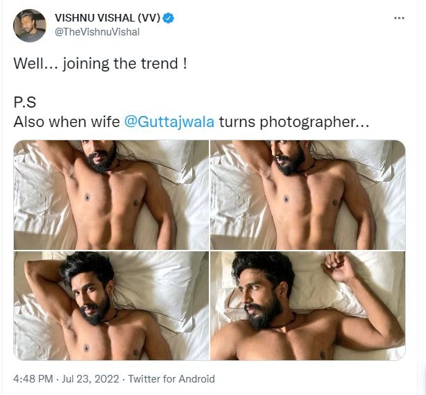After Ranveer Singh, Vishnu Vishal poses nude as wife Jwala Gutta clicks picture