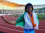 World Athletics Championships: Silver medallist India's Neeraj Chopra celebrates after the men's javelin throw final.(REUTERS)