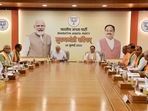 Prime Minister Narendra Modi with Bharatiya Janata Party (BJP) National President JP Nadda during Mukhyamantri Parishad meeting at BJP headquarters, in New Delhi on Sunday. (ANI) Prime Minister Narendra Modi with Bharatiya Janata Party (BJP) National President JP Nadda during Mukhyamantri Parishad meeting at BJP headquarters, in New Delhi on Sunday. (ANI)