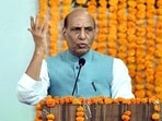 Defence minister Rajnath Singh addresses the commemoration ceremony of the 'Kargil Vijay Diwas', in Jammu on Sunday. (ANI Photo)
