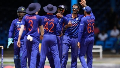 India's Axar Patel celebrates with teammates the dismissal of West Indies' Shamarh Brooks during the second ODI (AP) India's Axar Patel celebrates with teammates the dismissal of West Indies' Shamarh Brooks during the second ODI (AP)
