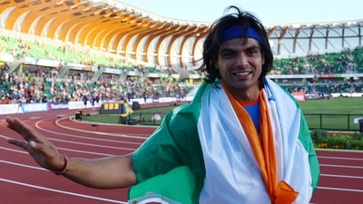 World Athletics Championships: Silver medallist India's Neeraj Chopra celebrates after the men's javelin throw final. (REUTERS)