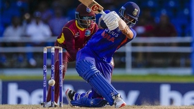 India's Axar Patel plays a shot against West Indies during the second ODI cricket match at Queen's Park Oval (AP) India's Axar Patel plays a shot against West Indies during the second ODI cricket match at Queen's Park Oval (AP)