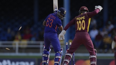 West Indies' Shai Hope celebrates the dismissal of India's Suryakumar Yadav during the second ODI (AP) West Indies' Shai Hope celebrates the dismissal of India's Suryakumar Yadav during the second ODI (AP)