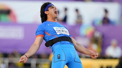 Silver medalist Neeraj Chopra, of India, celebrates during the men's javelin throw final at the World Athletics Championships (AP)