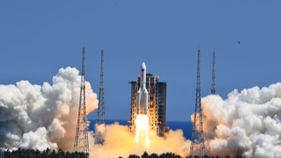 A Long March 5B rocket lifting off from Hainan Island, last year, carrying a module for the Tiangong space station.