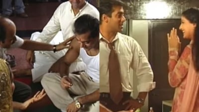 Salman Khan and Sonali Bendre on sets of Hum Saath-Saath Hain. Salman Khan and Sonali Bendre on sets of Hum Saath-Saath Hain.
